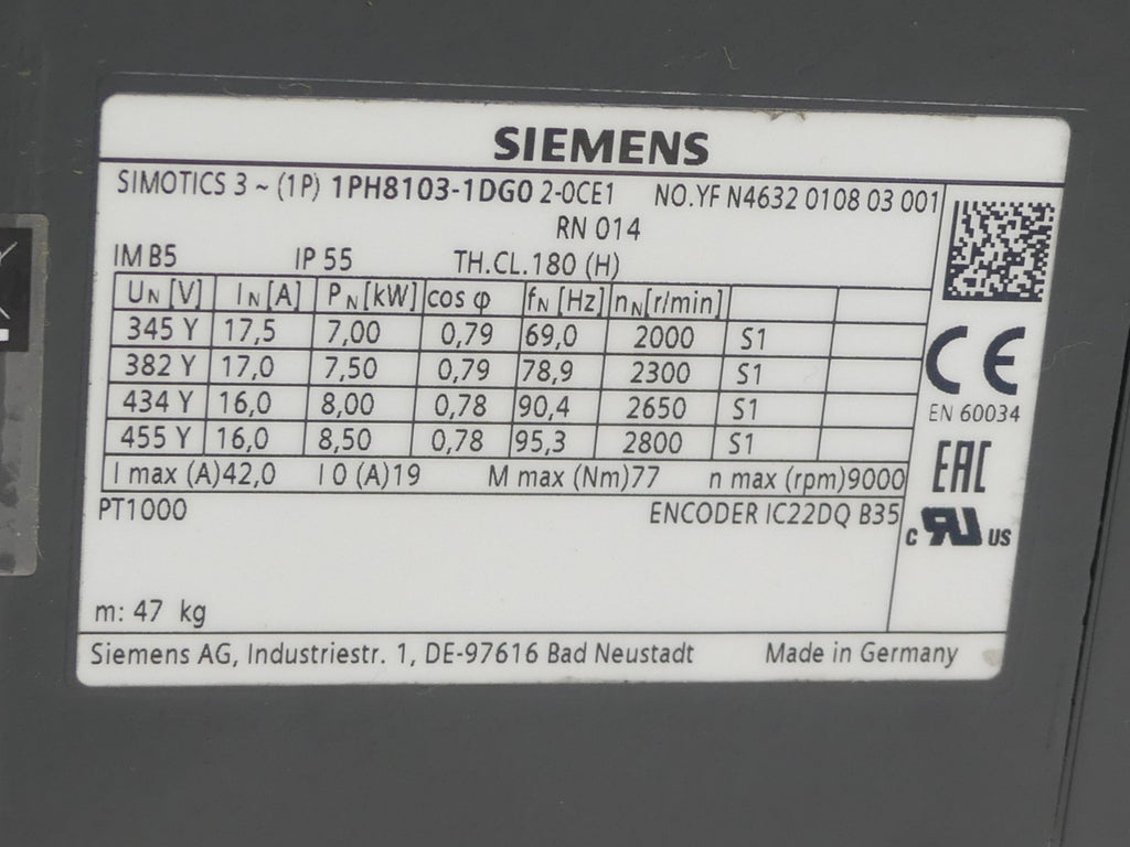 Siemens Servomotor 1PH8103-1DG02-0CE1
