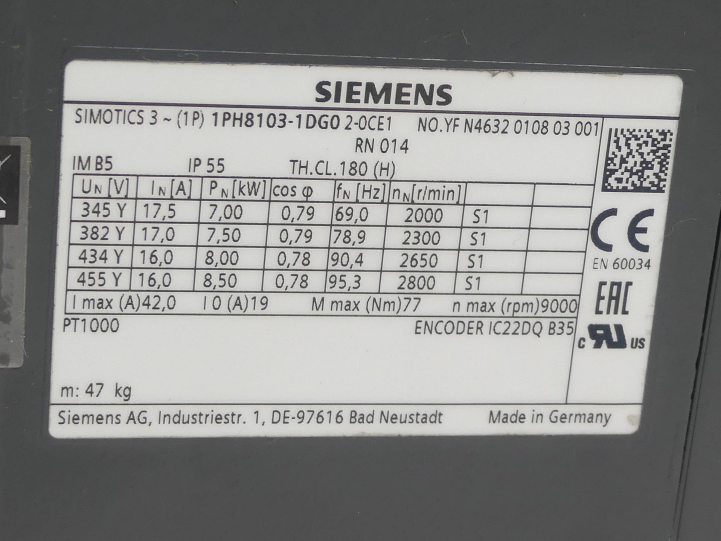 Siemens Servomotor 1PH8103-1DG02-0CE1