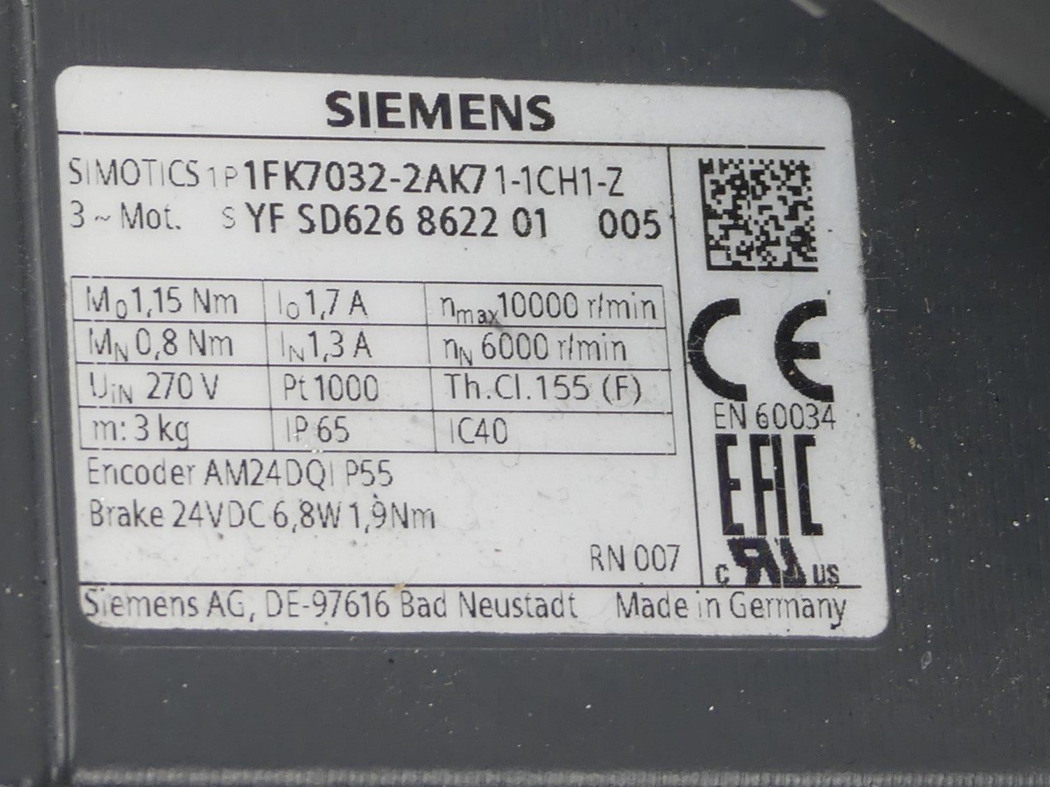 Siemens Servomotor 1FK7032-2AK71-1CH1-Z