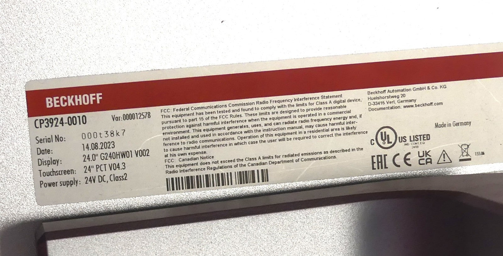 Beckhoff CP3924-0010 Multitouch Panel 24"   date:14.08.2023
