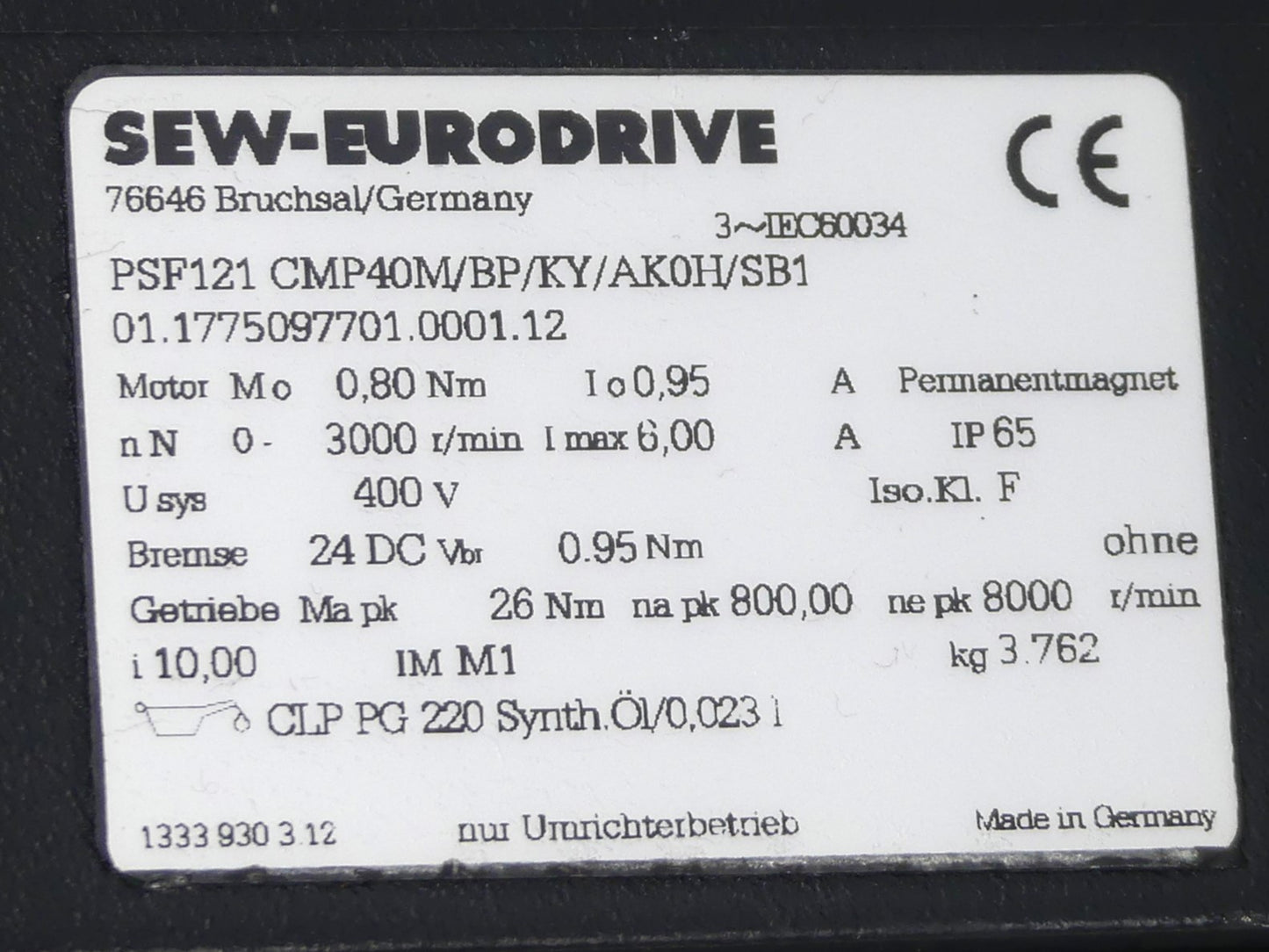 SEW Eurodrive PSF121 CMP40M/BP/KY/AK0H/SB1