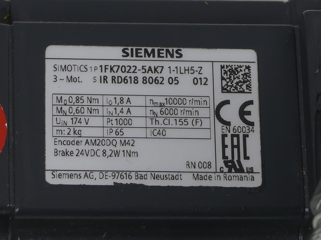 Siemens Servomotor 1FK7022-5AK71-1LH5-Z