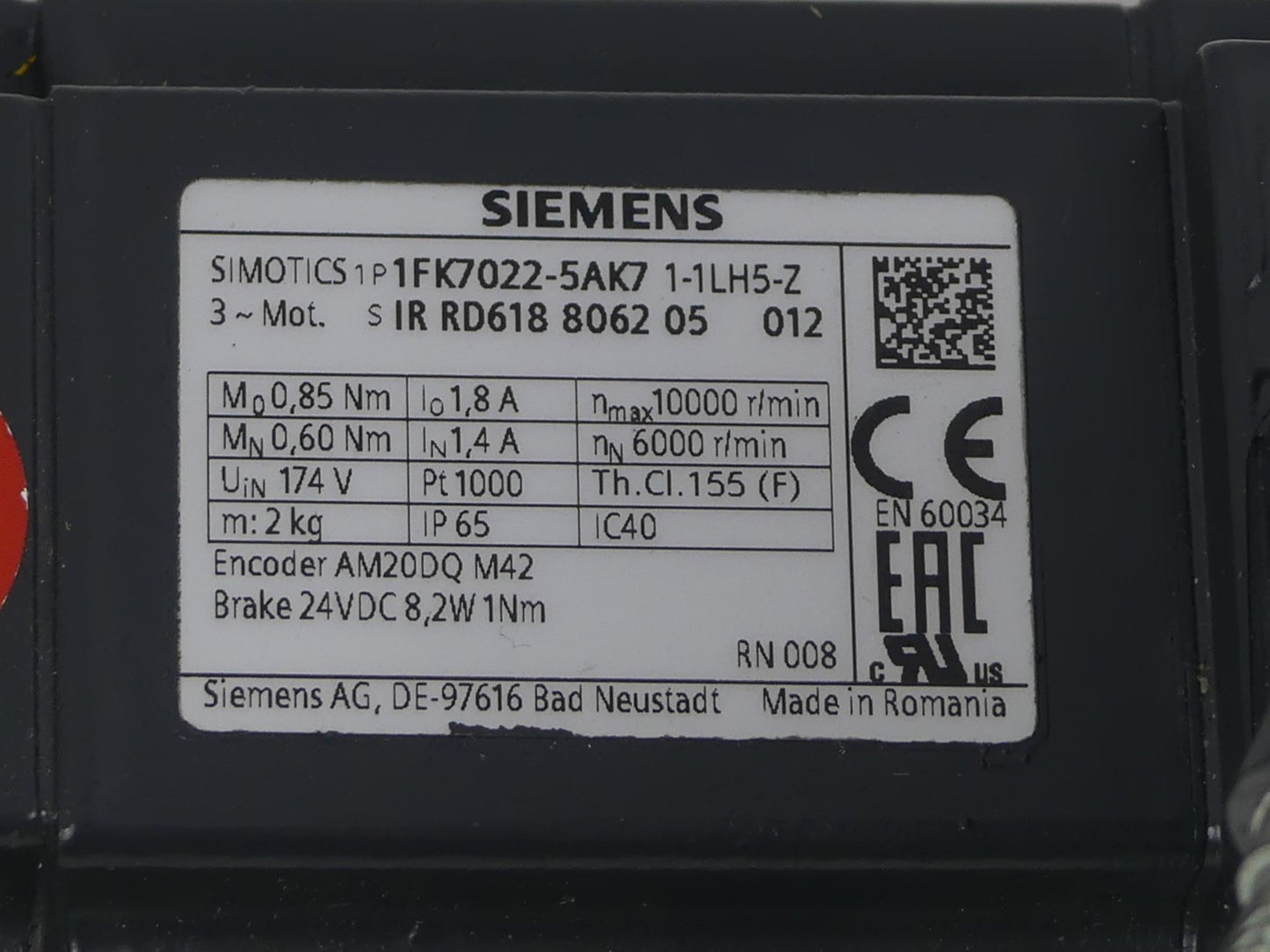 Siemens Servomotor 1FK7022-5AK71-1LH5-Z