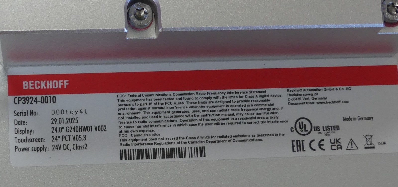 Beckhoff CP3924-0010 Multitouch Panel 24"   date:29.01.2025
