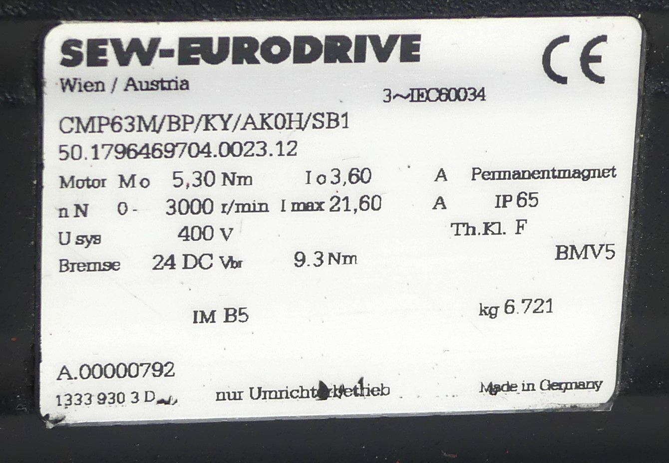 SEW Eurodrive CMP63M/BP/KY/AK0H/SB1