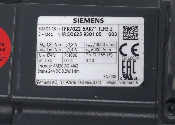 Siemens Servomotor 1FK7022-5AK71-1LH3-Z